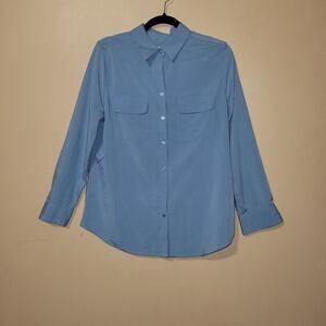 Chico's Womens Sz 1 Button Up Blouse Collared Long Sleeve Spring Blue Pockets